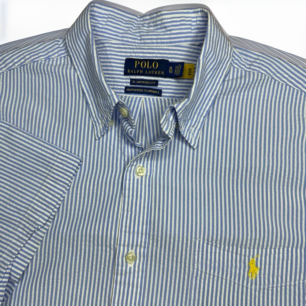 Polo Ralph Lauren Shirt Mens XL Blue White Stripe Seersucker Wrinkle Summer